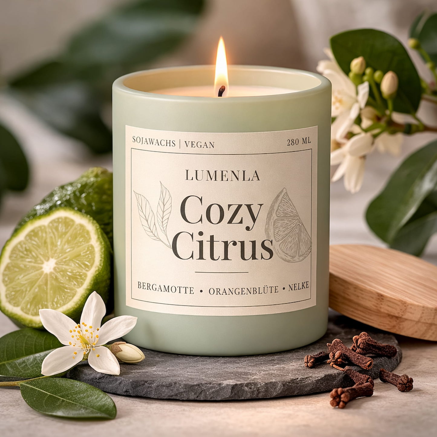 Cozy Citrus Duftkerze 280ml von LUMENLA – Bergamotte und Orangenblüte