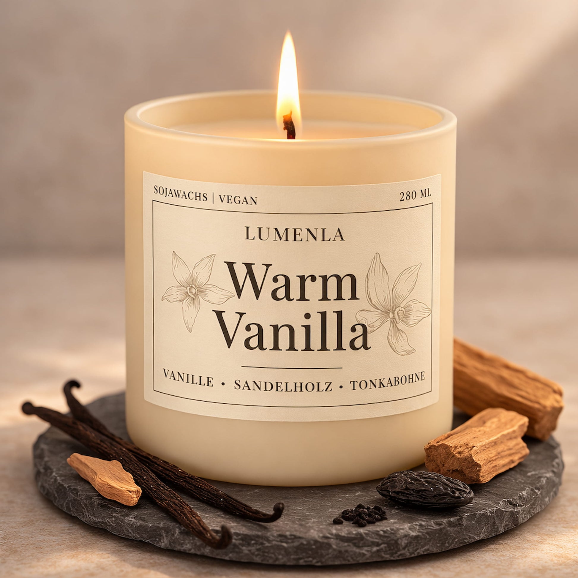 Warm Vanilla Duftkerze 280ml von LUMENLA – Vanille und Sandelholz Aroma